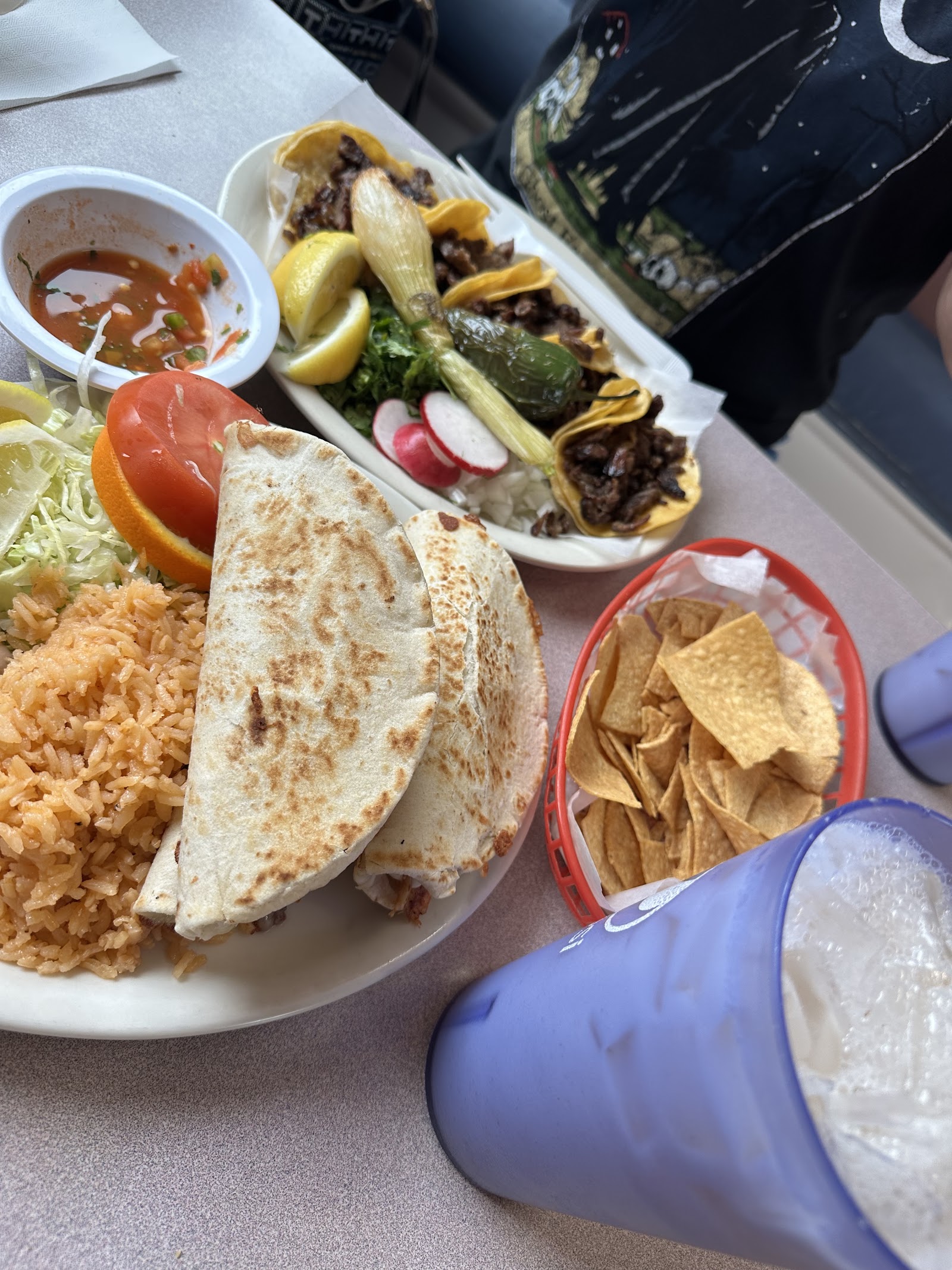 Taco plate with rice, beans and grilled quesadilla